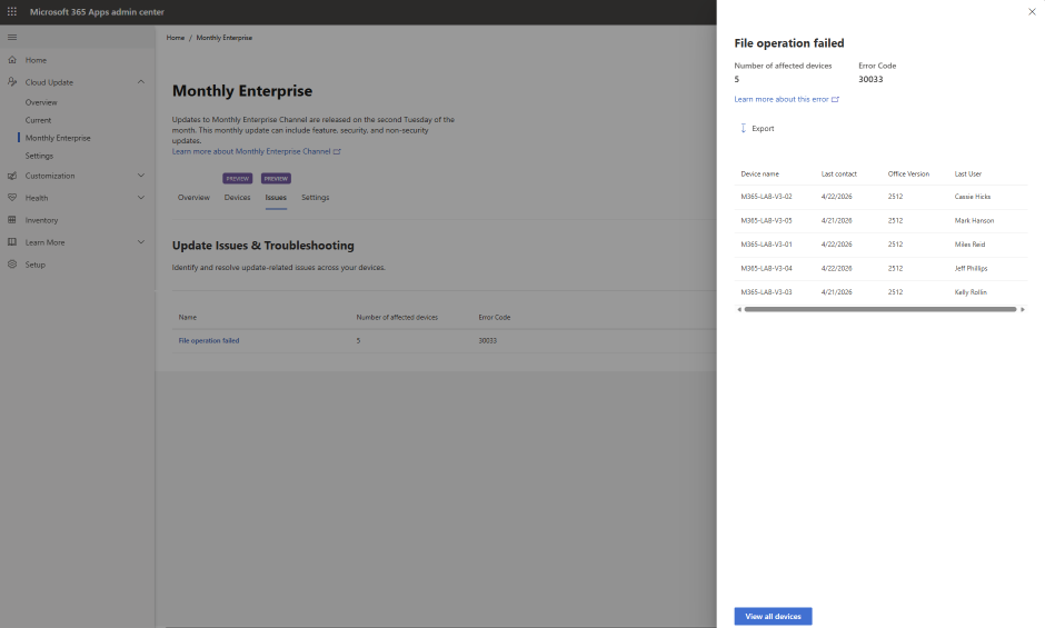 Screenshot of the Microsoft 365 Apps admin center showing the 'Monthly Enterprise' page with the 'Issues' tab selected under cloud update. The left navigation menu lists sections such as Overview, Current, Monthly Enterprise, Settings, Health, Inventory, and Setup. The main panel displays 'Update Issues and Troubleshooting' with a table showing a single issue named 'File operation failed' affecting five devices with error code 30033. A details pane on the right highlights 'File operation failed' with five affected devices and error code 30033, followed by a table listing device names, last contact dates, Office version, and last user for each affected device.