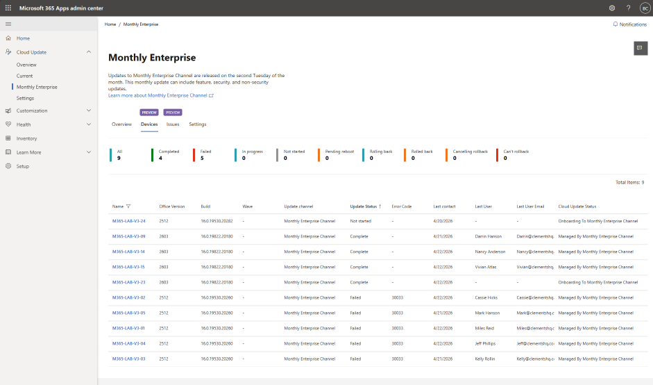 Screenshot of the Microsoft 365 Apps admin center showing the 'Monthly Enterprise' page with the 'Devices' tab selected under cloud update. The left navigation menu includes sections such as Home, Cloud Update, Overview, Current, Monthly Enterprise, Settings, Health, Inventory, Learn More, and Setup. The main panel displays device update status summary tiles including 'All 9', 'Completed 4', 'Failed 5', 'In progress 0', 'Not started 0', 'Pending reboot 0', 'Rolling back 0', 'Rolled back 0', 'Cancelling rollback 0', and 'Can't roll back 0'. Below the summary, a table lists devices with columns for name, Office version, build, update channel, update status, error code, last contact, last user, last user email, and cloud update status. Several devices show 'Complete' status while five devices show 'Failed' with error code 30033.
