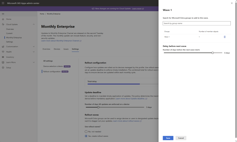 Screenshot of the Microsoft 365 Apps admin center showing rollout wave configuration for a Cloud Update profile. Rollout waves are enabled, with a Microsoft Entra group assigned to Wave 1. A delay setting of six days is configured before the next rollout wave begins, allowing updates to be deployed in stages across groups of devices.