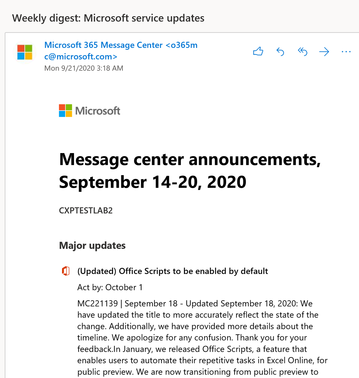 A screenshot of a sample Message Center announcement.
