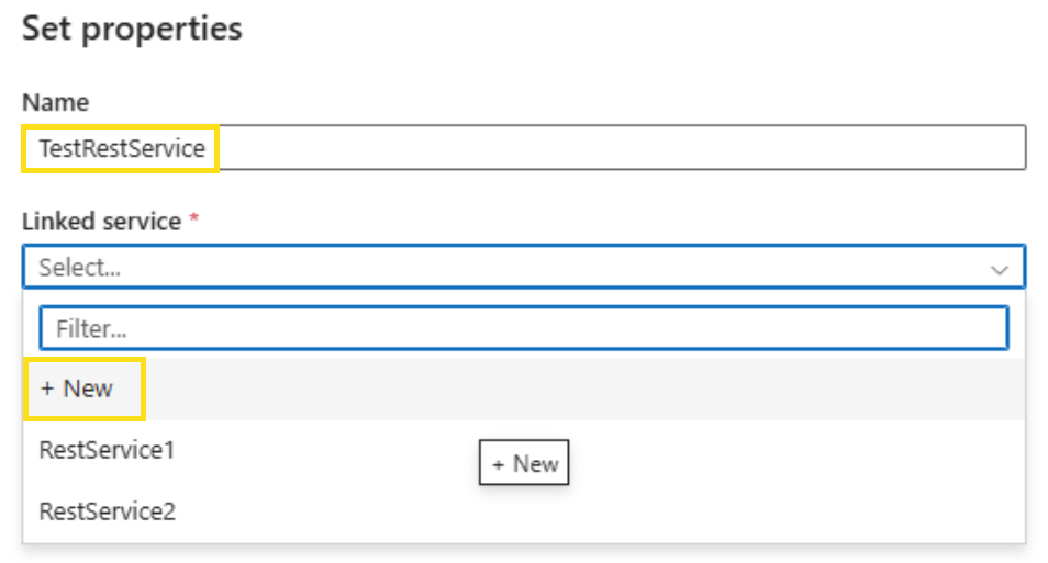 Screenshot that shows how to name the service and add a new linked service.