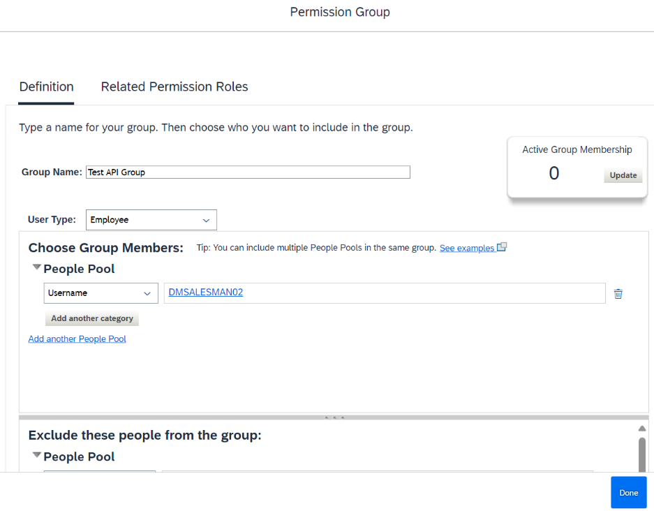 Screenshot that shows how to create an API permissions group.