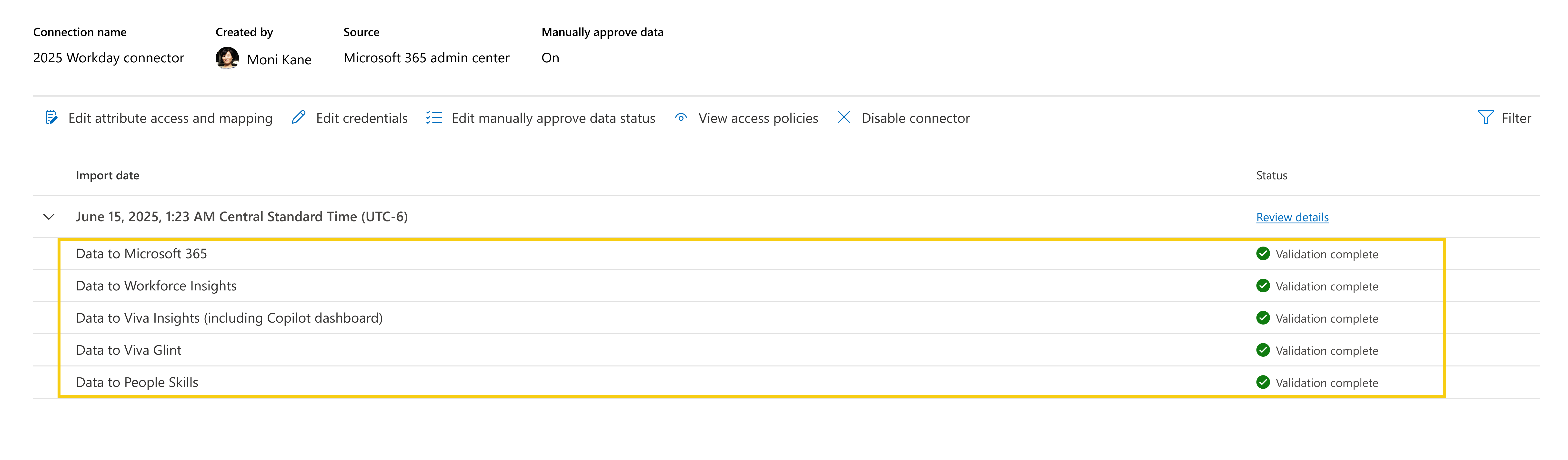 Screenshot that shows a list of apps for which data was shared and validated.