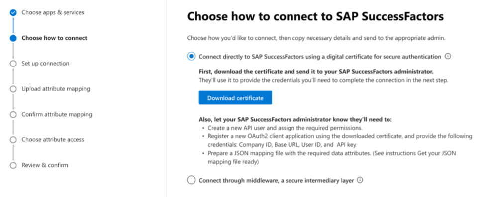Screenshot that shows the initial setup page for establishing the connection.