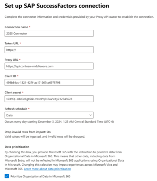 Screenshot that shows how to enter the details for a middleware connection.