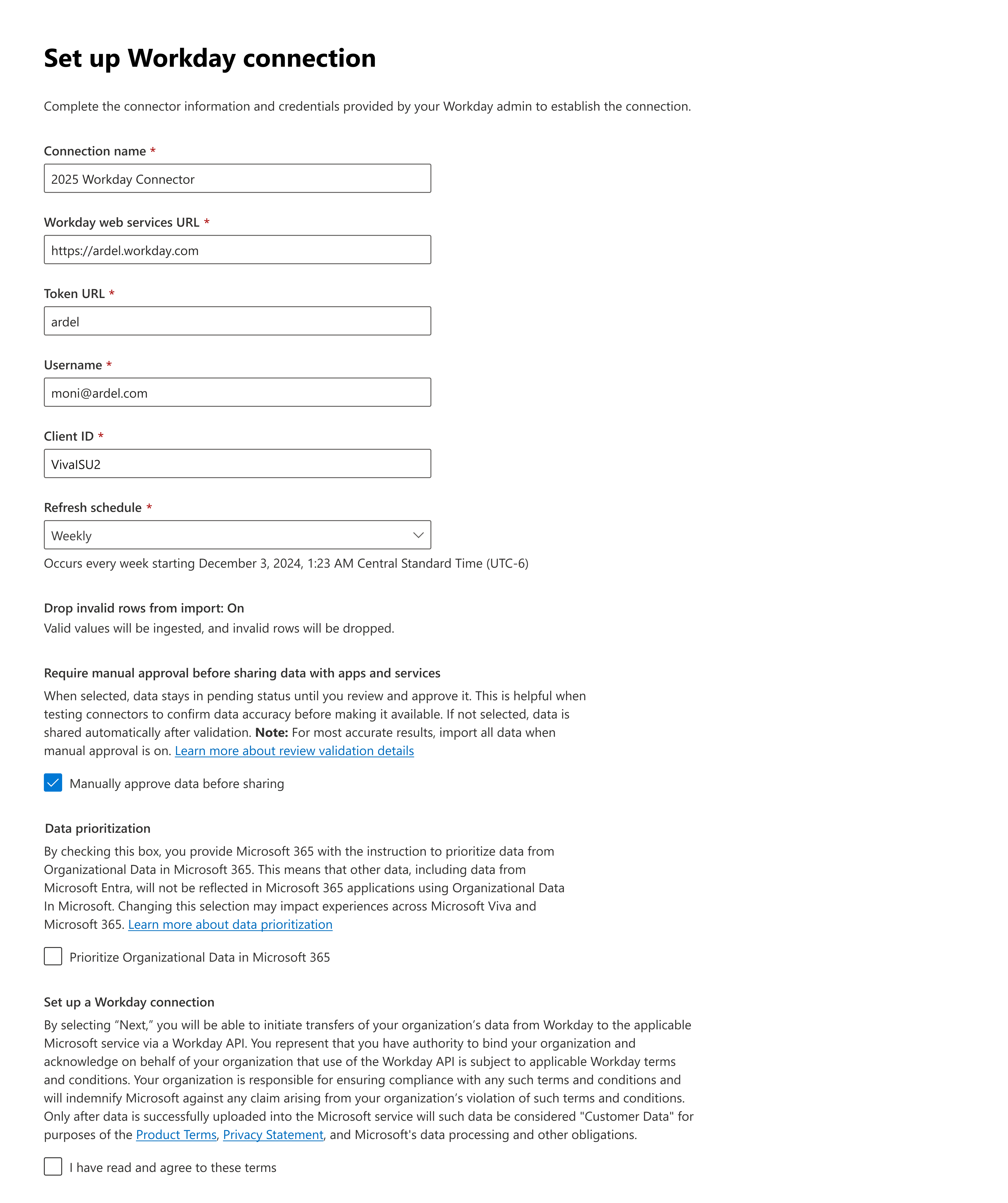 Screenshot of the page to set up the connection.