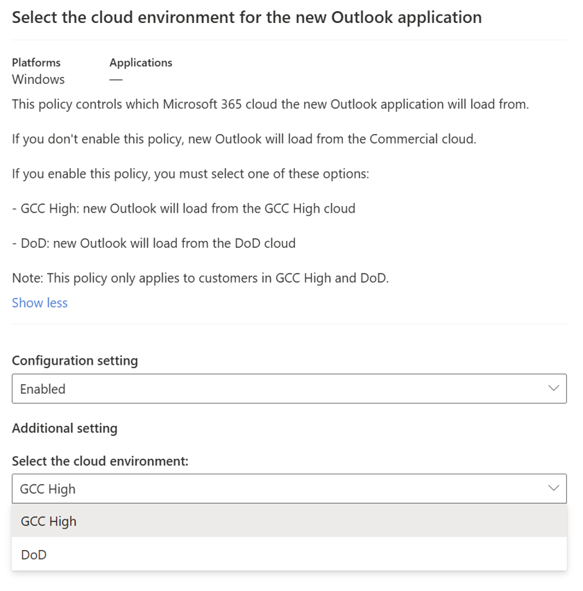 Screenshot showing the new Outlook policy configuration settings for GCC High and DoD as it is shown in the M365 Admin Center.