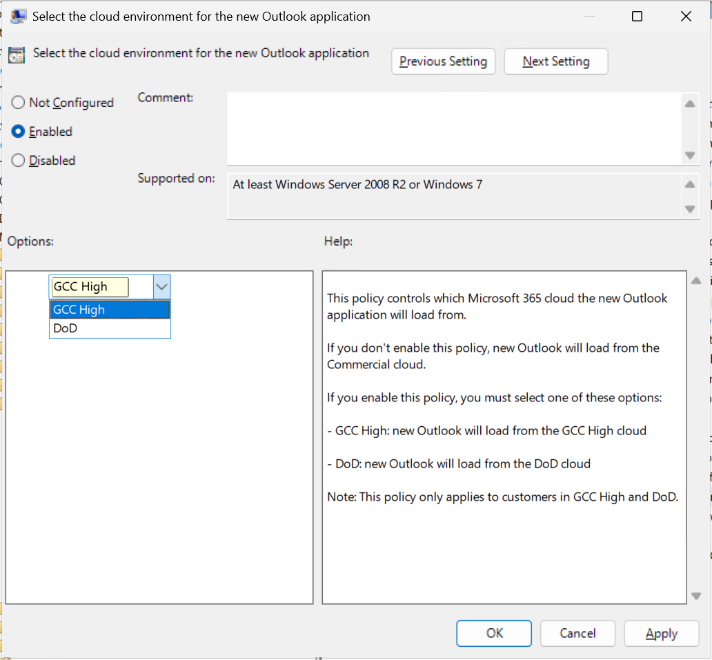 Screenshot showing the new Outlook GPO policy configuration settings for GCC High and DoD.