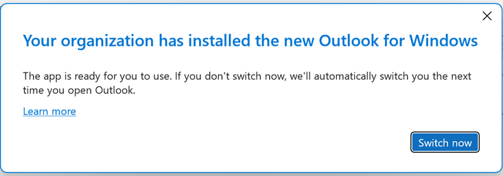 Screenshot shows a prompt to switch to the new Outlook.