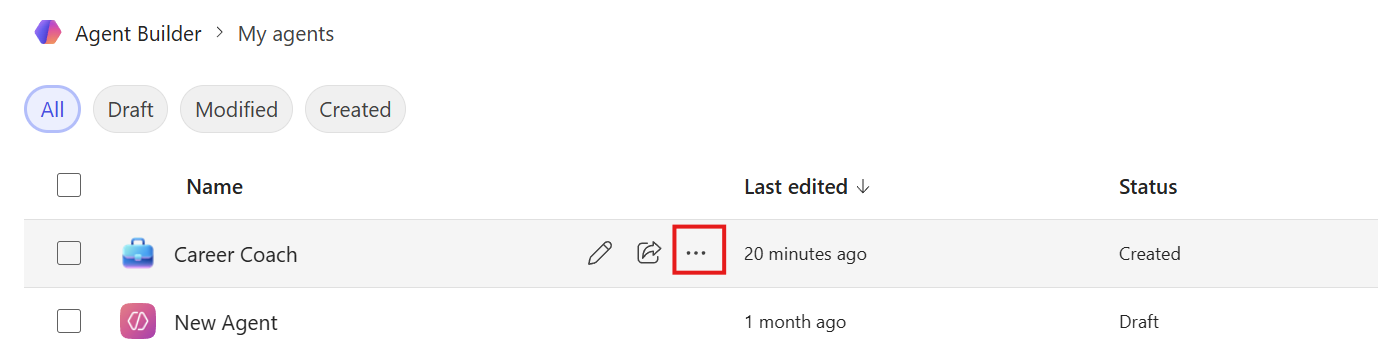 Screenshot of the *More options* ellipses for the highlighted agent.