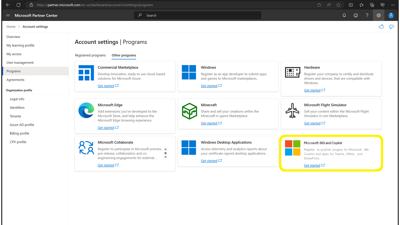 Screenshot of Microsoft Partner Center opened to 'Account settings | Programs' and the 'Microsoft 365 and Copilot' program listed as an option.