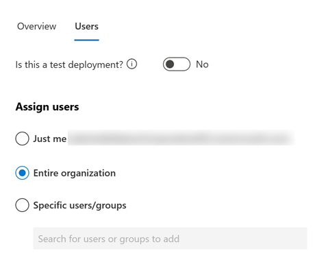 This screenshot shows the option to deploy an app to all users or to specific users.