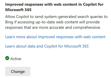 Screenshot showing the option to allow Copilot to access web content is enabled and active.