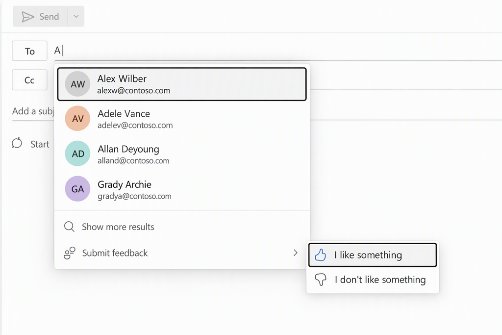 Screenshot of people suggestions in Outlook on the web, with Submit feedback open and the options I like something and I don't like something.