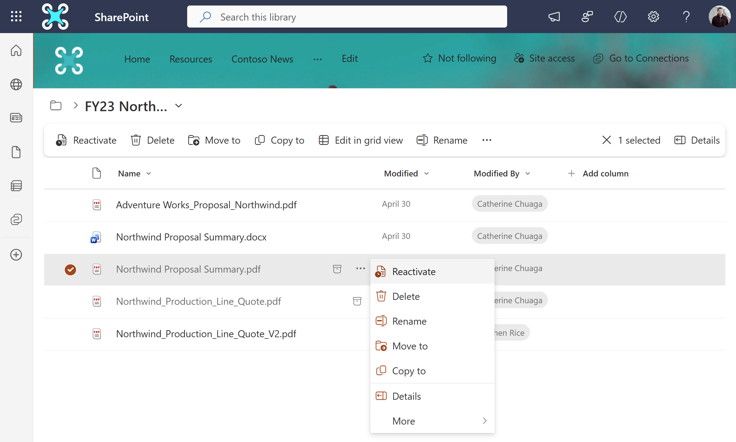 Animated GIF that shows an end user selecting an archived file and choosing Reactivate in SharePoint.