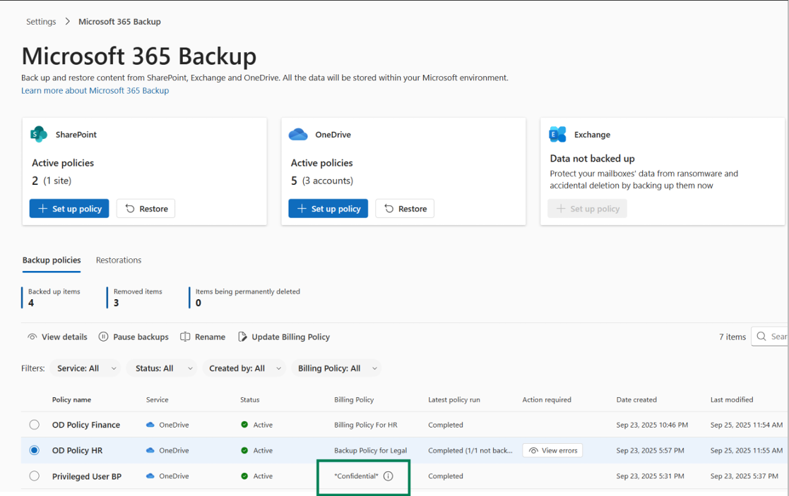 Screenshot of backup policy list showing a billing policy as confidential.