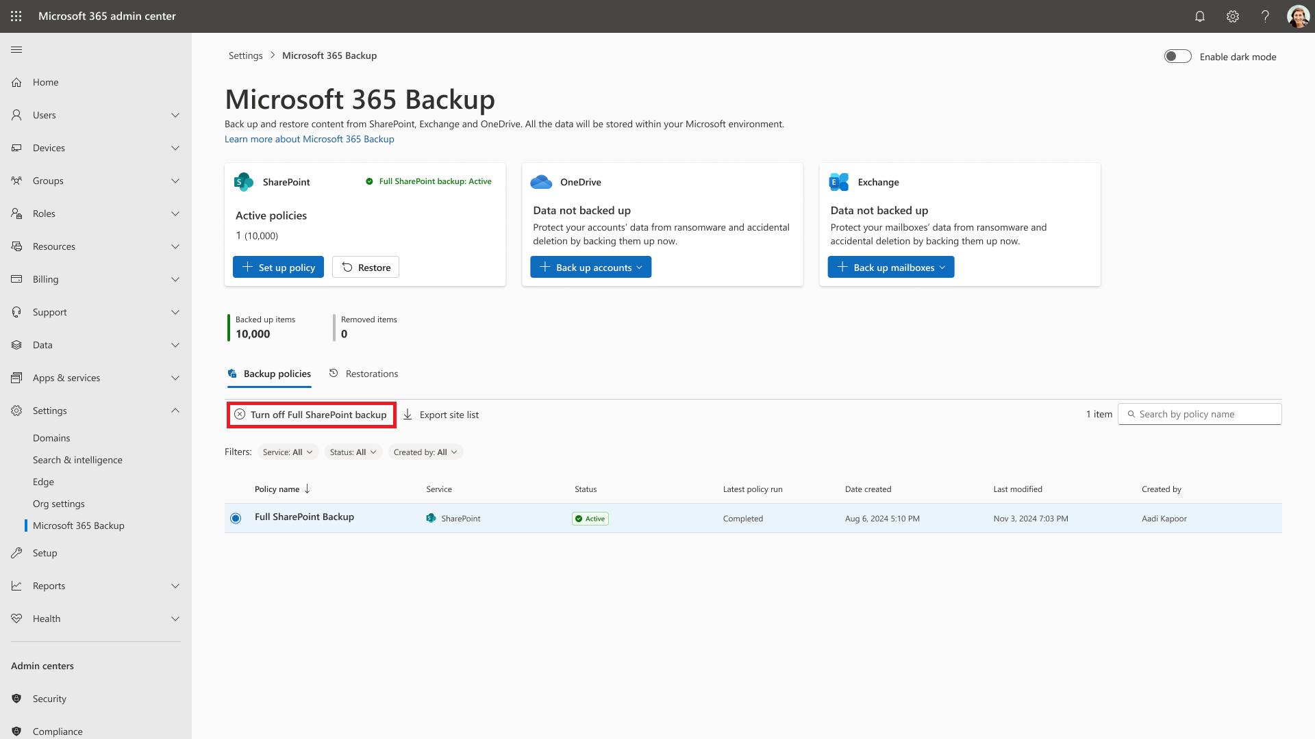 disable full workload backup
