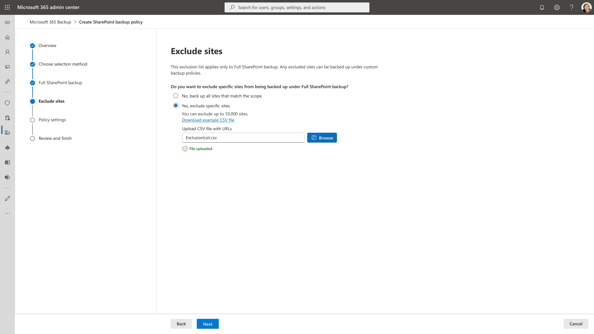 Exclusion while policy creation