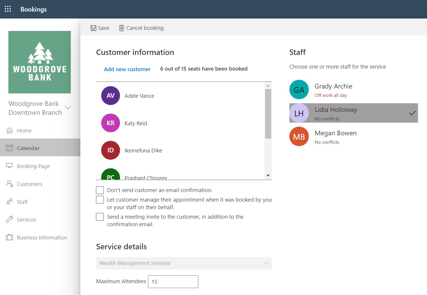 Example of setting maximum attendees in Bookings