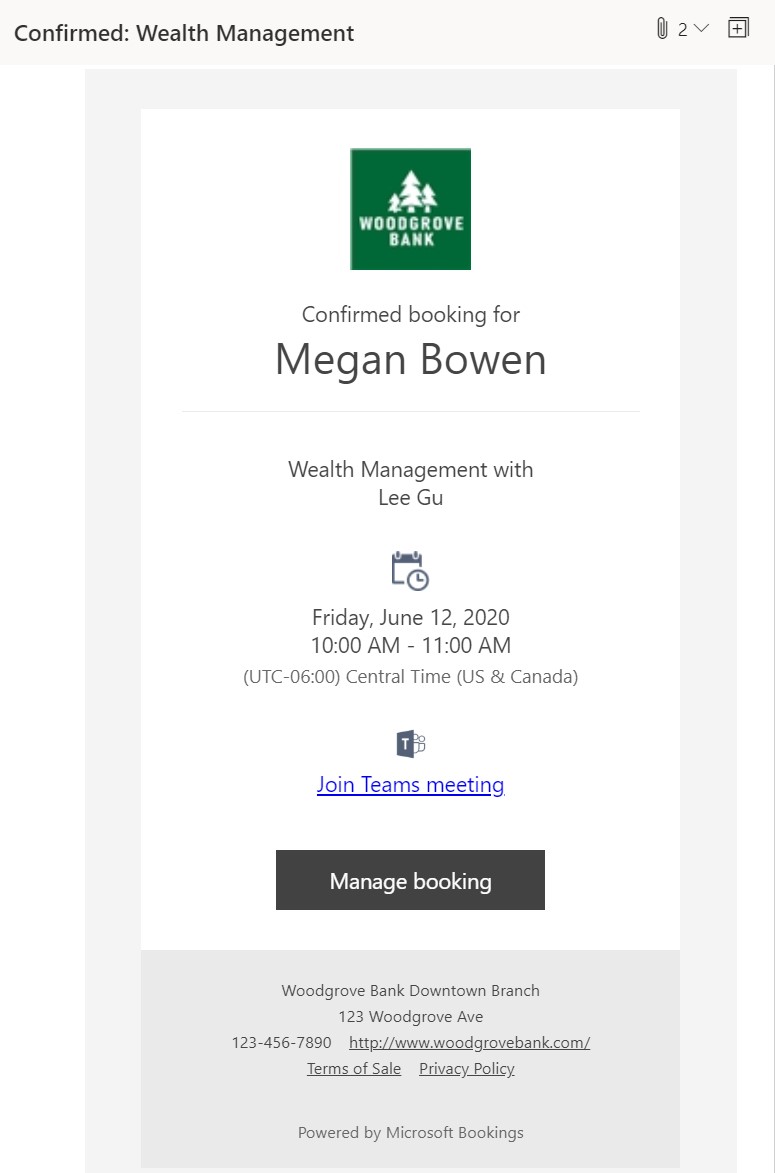 Example of link to join Teams meeting in Bookings.