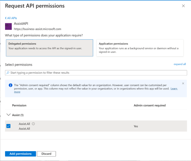 Add API permissions form with Add permissions selected.
