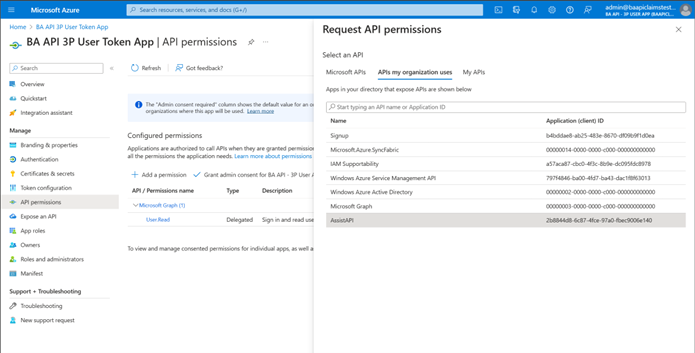 Request API permissions form with Business Assist selected