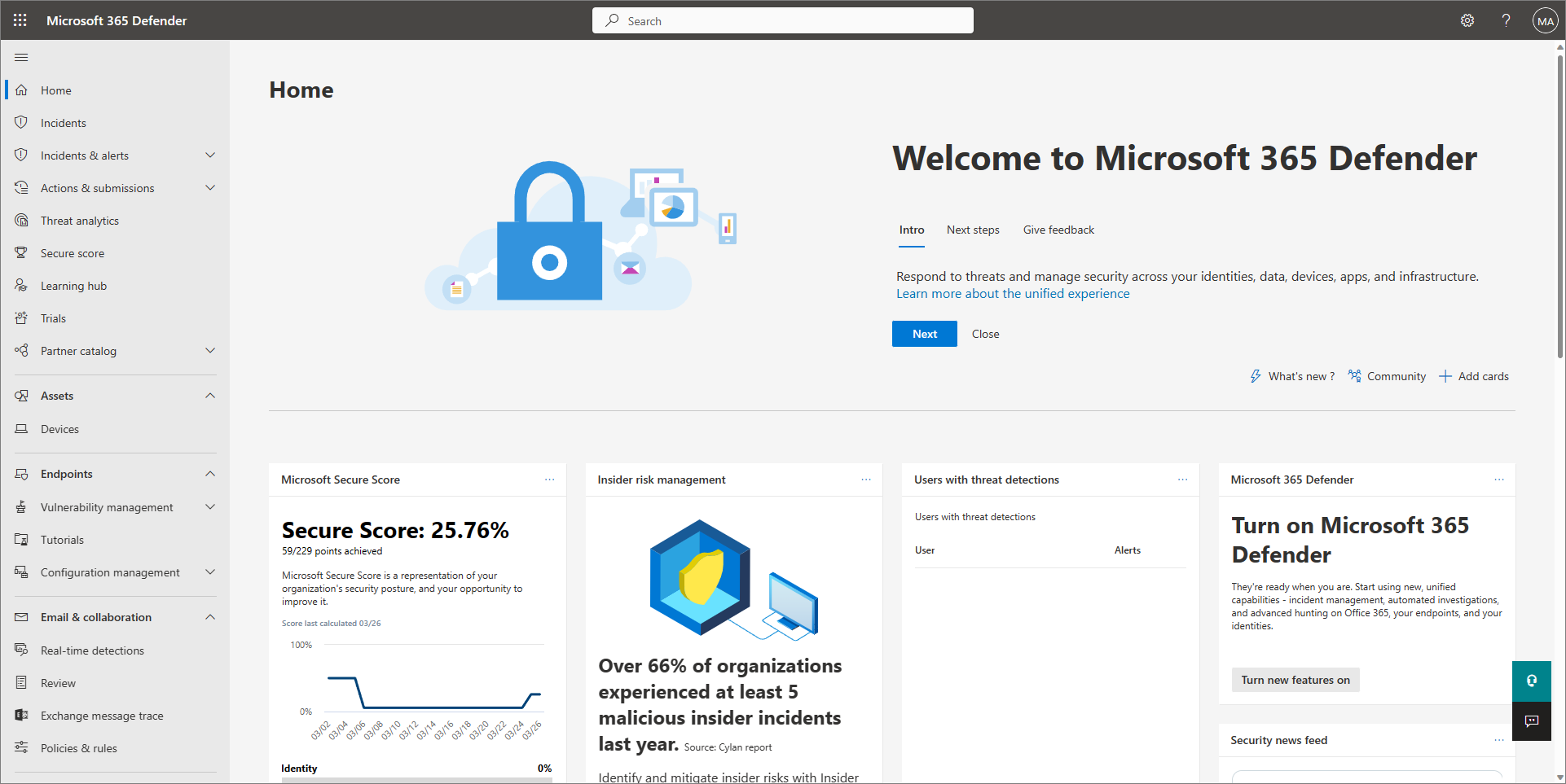 Screenshot of the Microsoft 365 Defender portal.