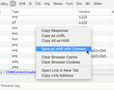 Figure 11 Save as HAR with Content option in the Chrome developer tools