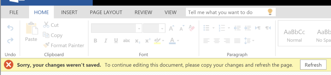 An image of an error in Word on the web displayed in a yellow bar under the ribbon.