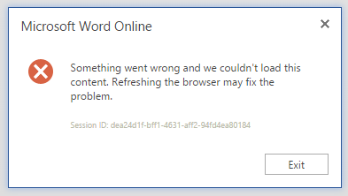 An image of an error dialog in Word on the web that includes a session ID.