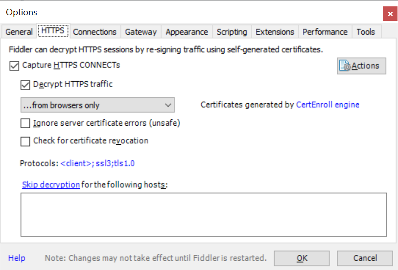 Figure 9 Fiddler must be configured to decrypt HTTPS traffic in order to produce useful traces