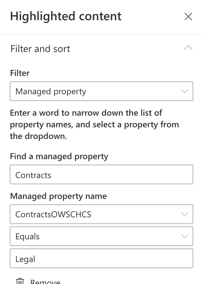 Screenshot of SharePoint Highlighted Content Web Part, where content is filtered