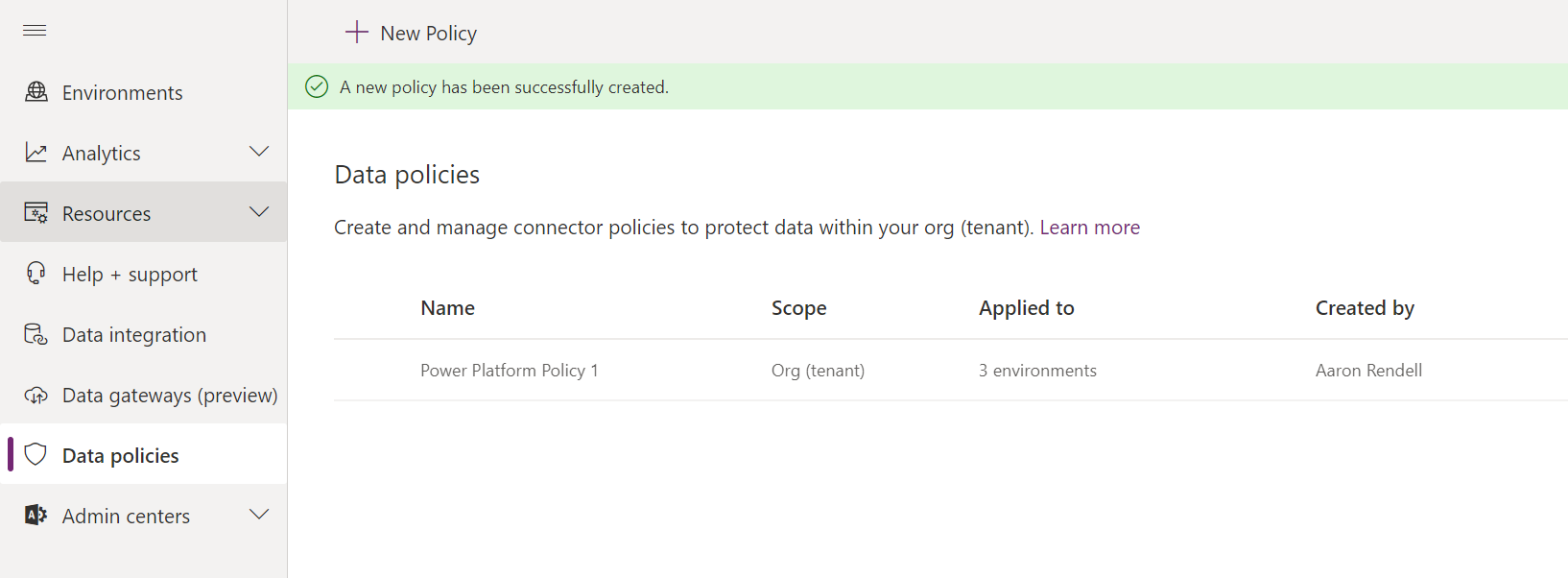 Image of the Data policies page showing a message that your new policy has been successfully created.