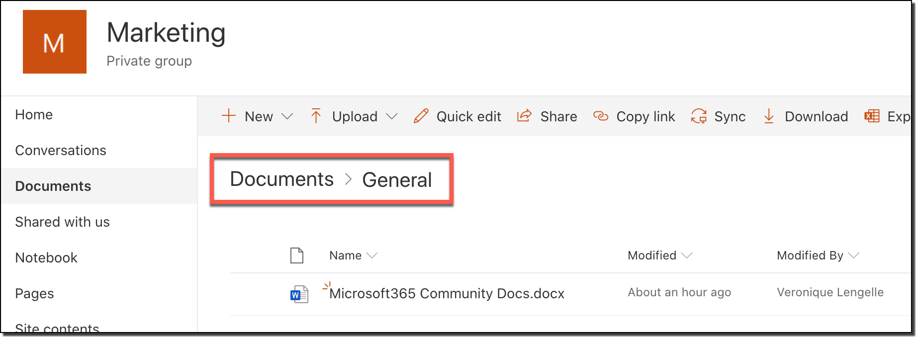 Image of the General folder in a SharePoint group.