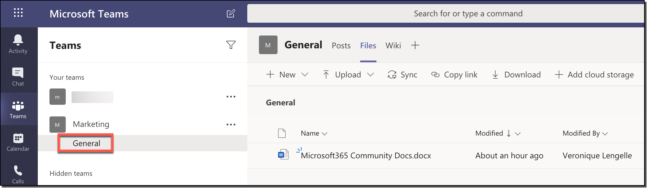 Image of the General channel in a Microsoft Teams team.