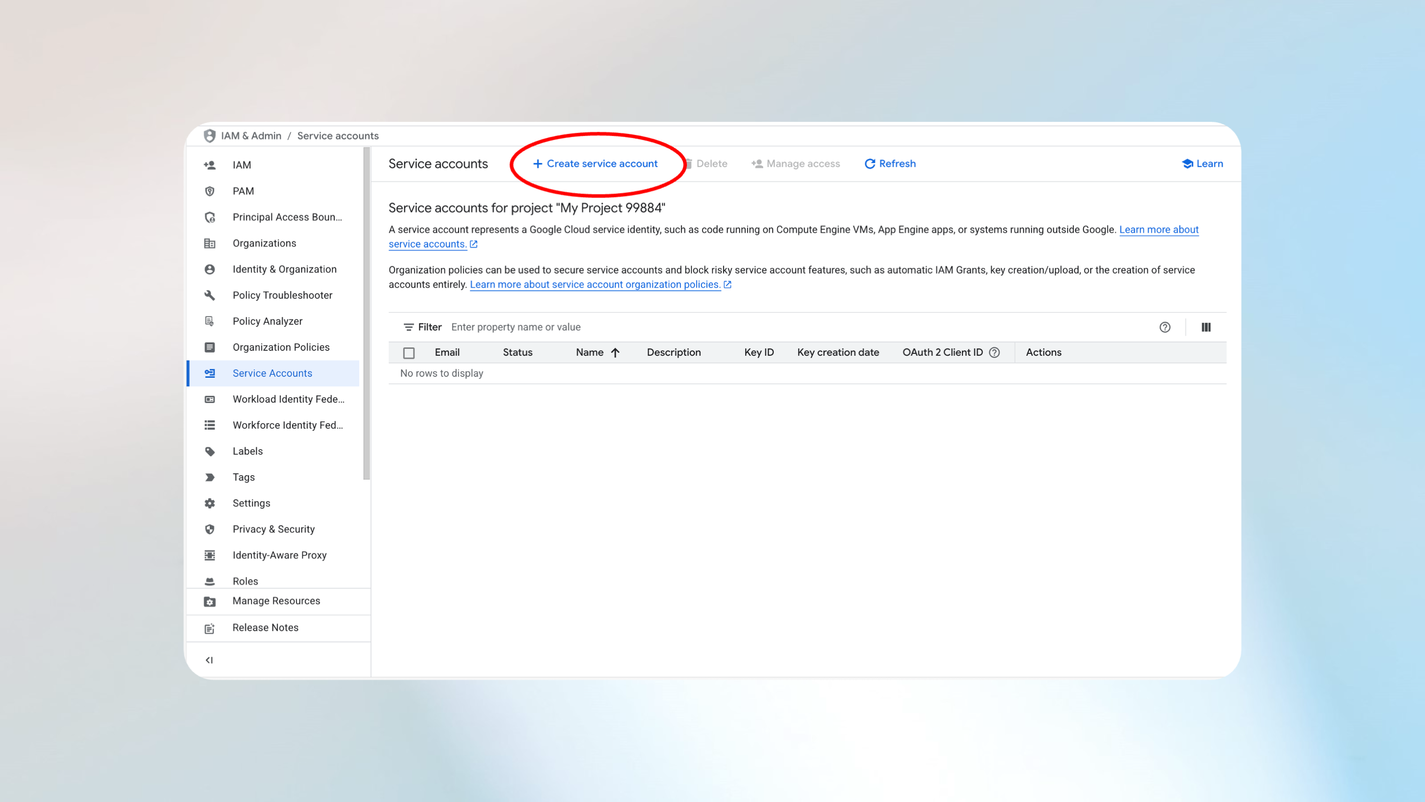 Screenshot that shows how to create a new service account step2.