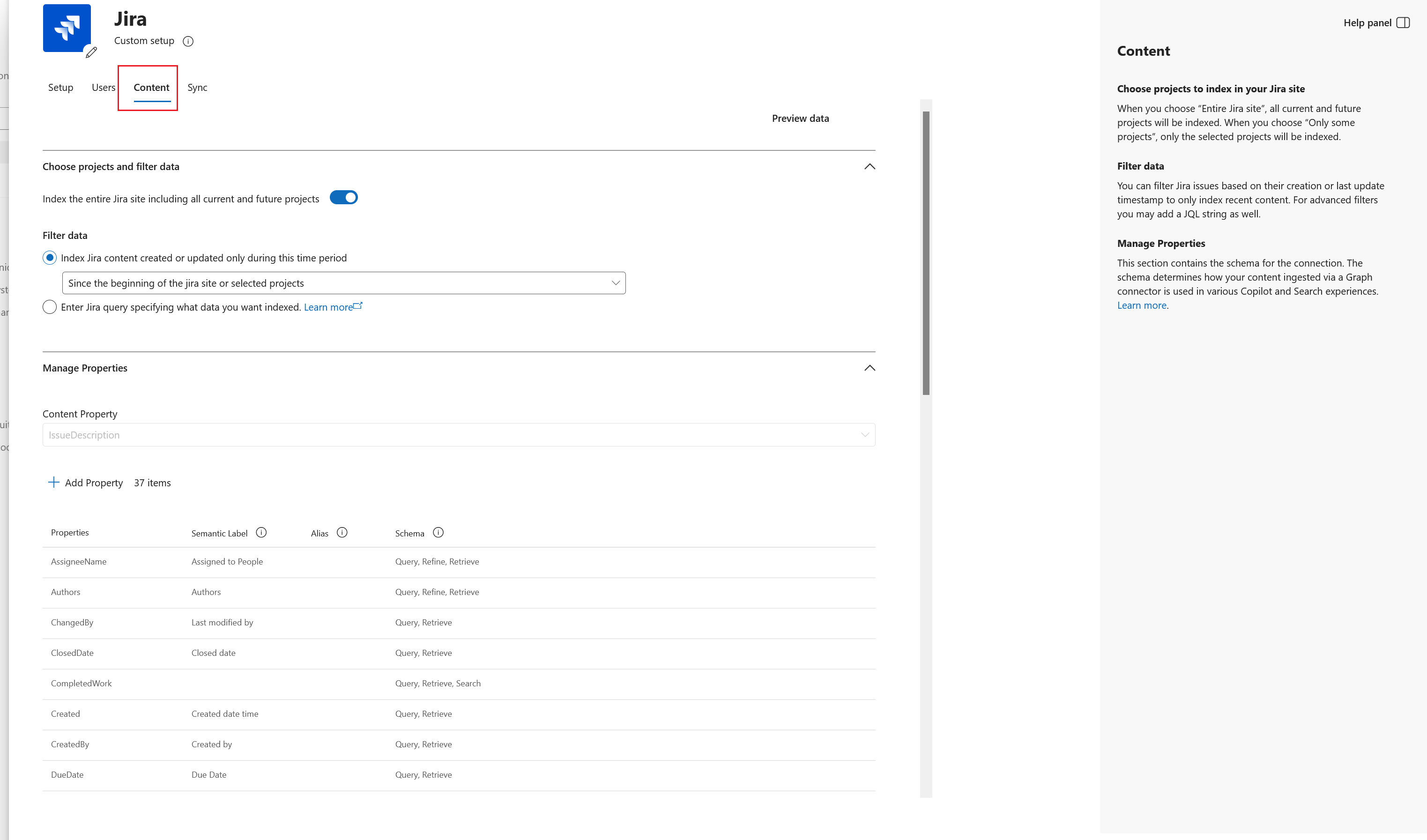 Screenshot of the Content tab in the Jira Data Center Copilot connector configuration.