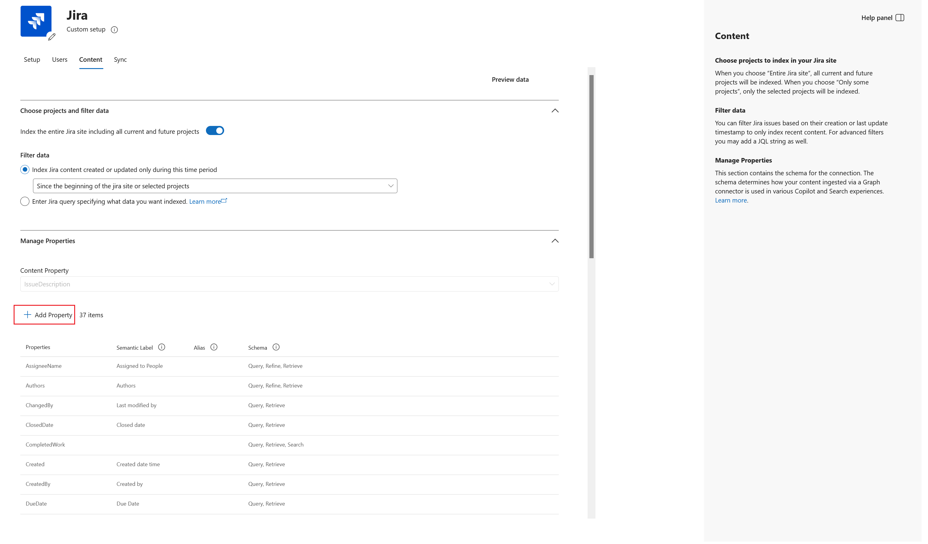 Screenshot of the Add property option in the properties section.