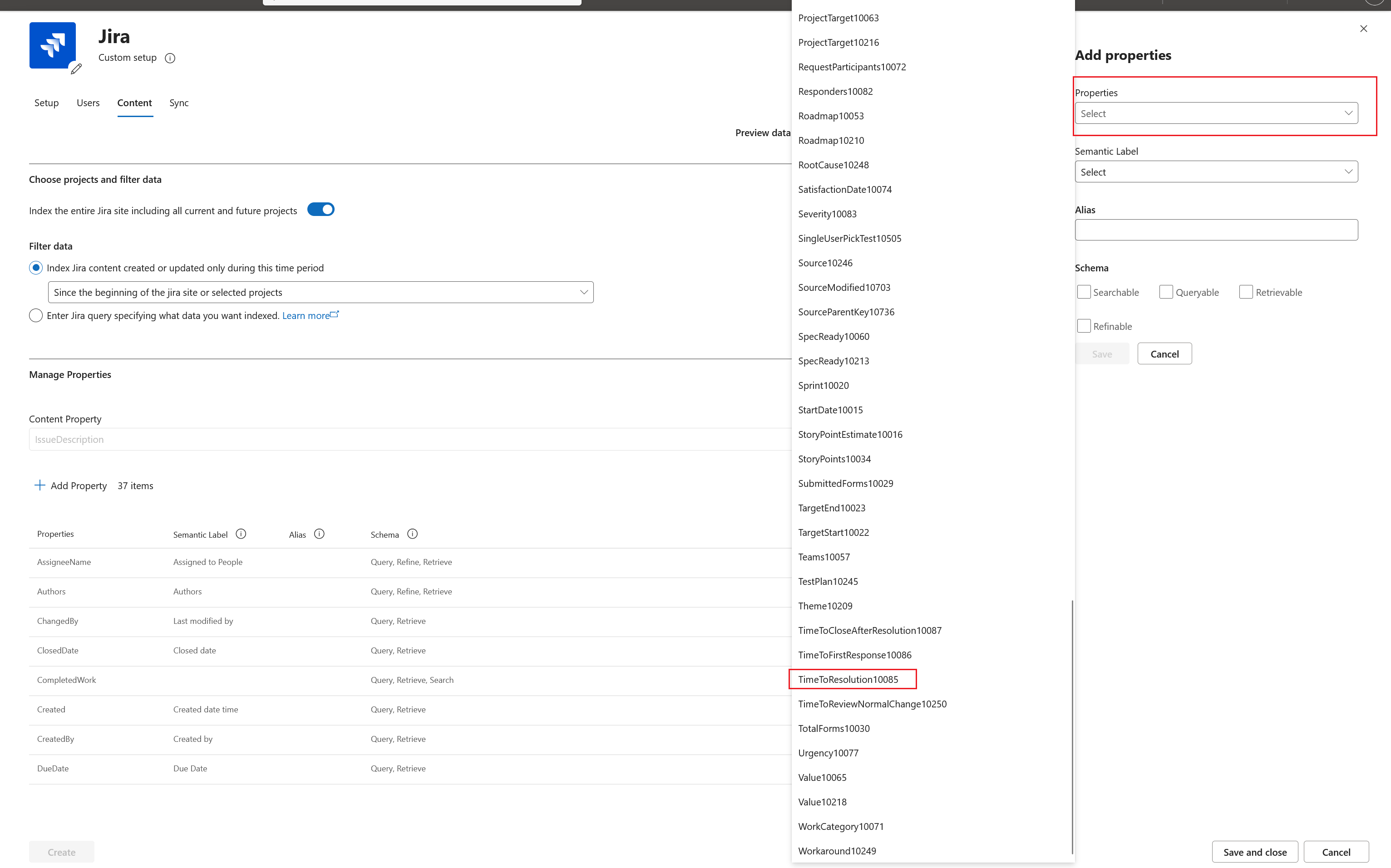 Screenshot of the available Jira fields for adding a custom property.