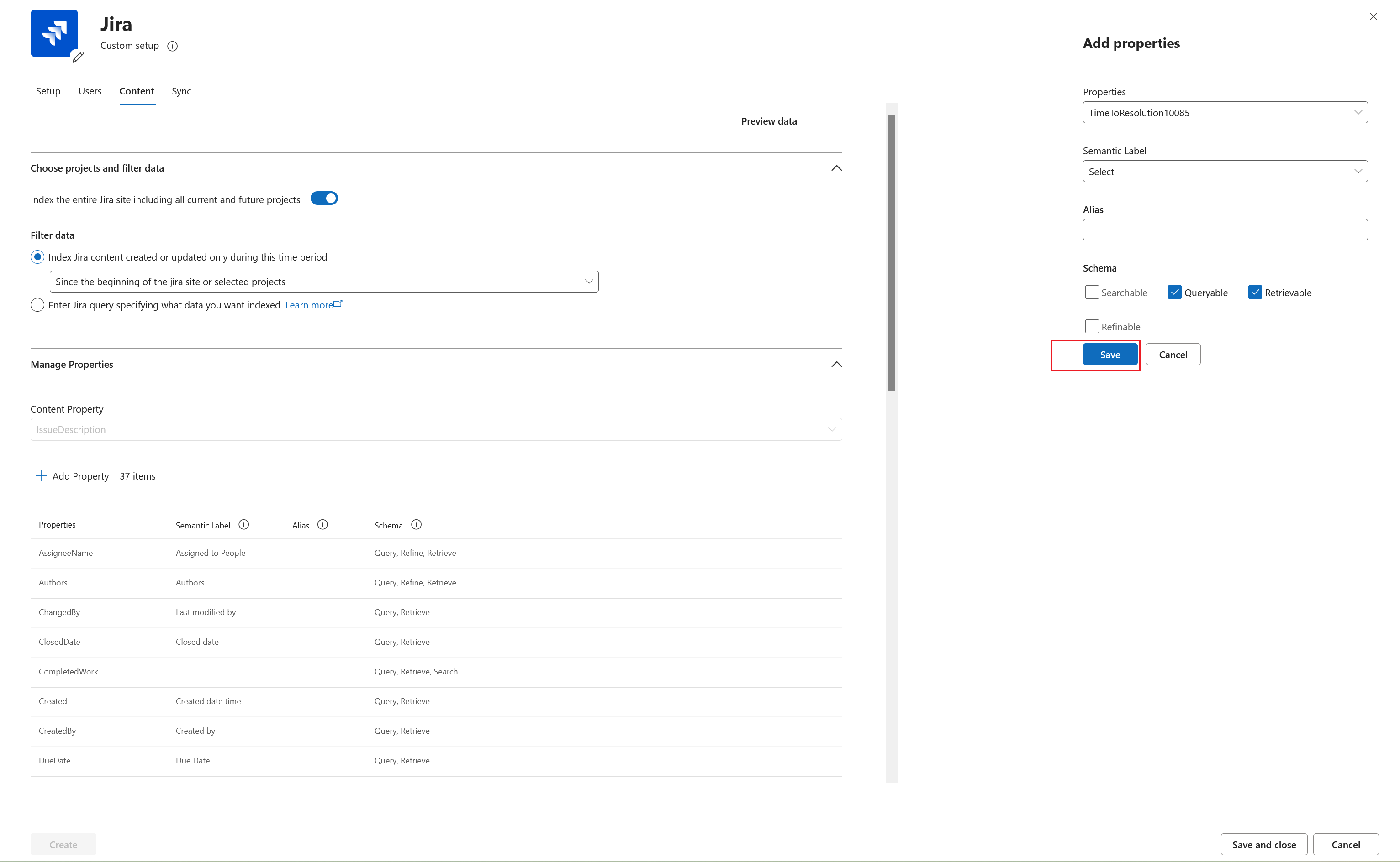 Screenshot of the Save option for a configured Jira custom property.