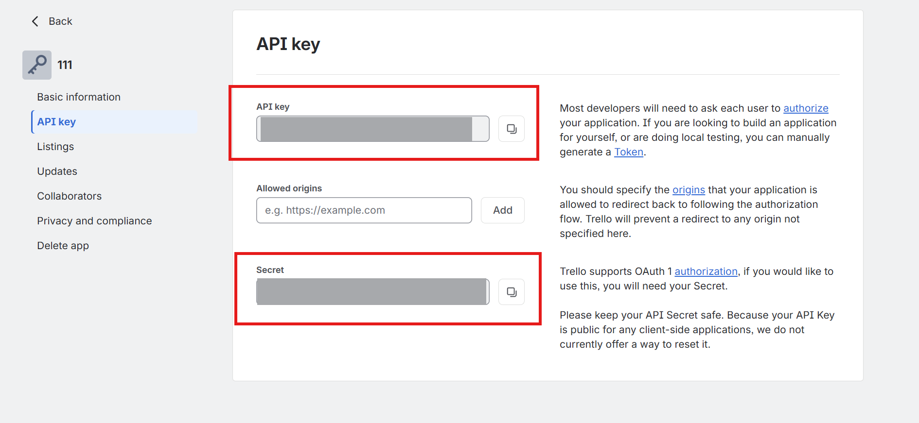 Screenshot that shows how to find app keys and secret in Trello admin portal.