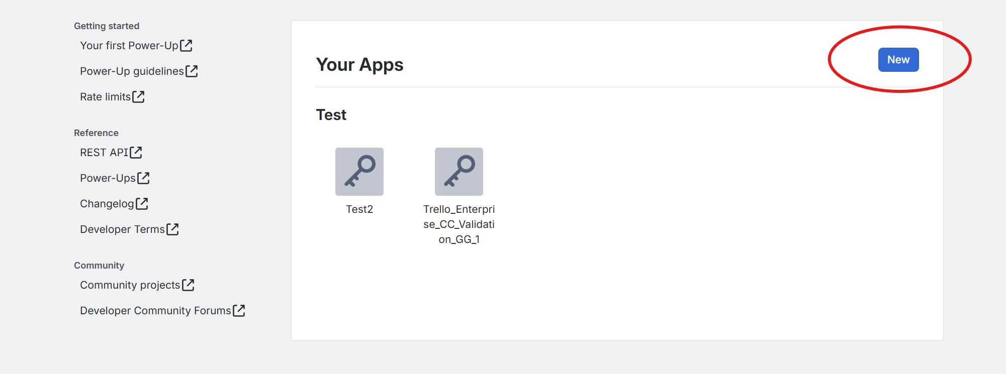 Screenshot that shows how to create an app in the Trello admin portal.