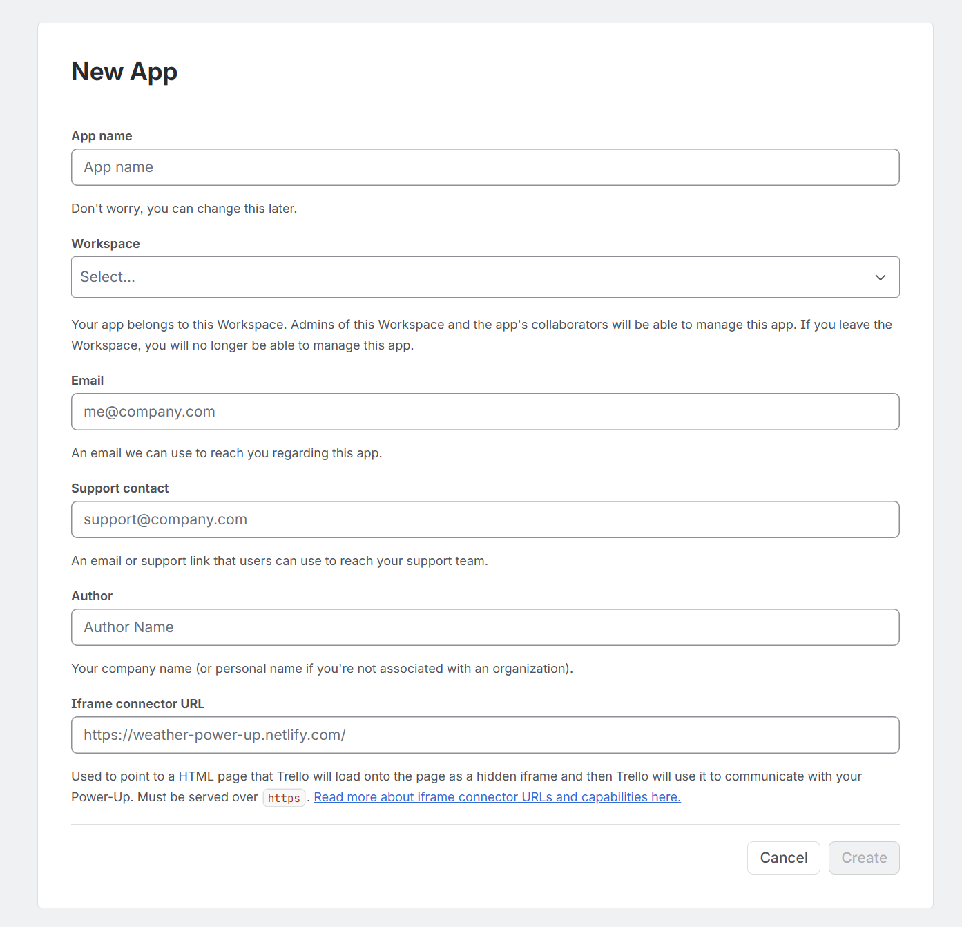 Screenshot that shows how to fill in the fields of the app in the Trello admin portal.