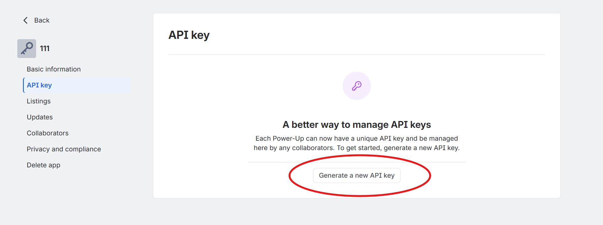 Screenshot that shows how to generate app keys in Trello admin portal.