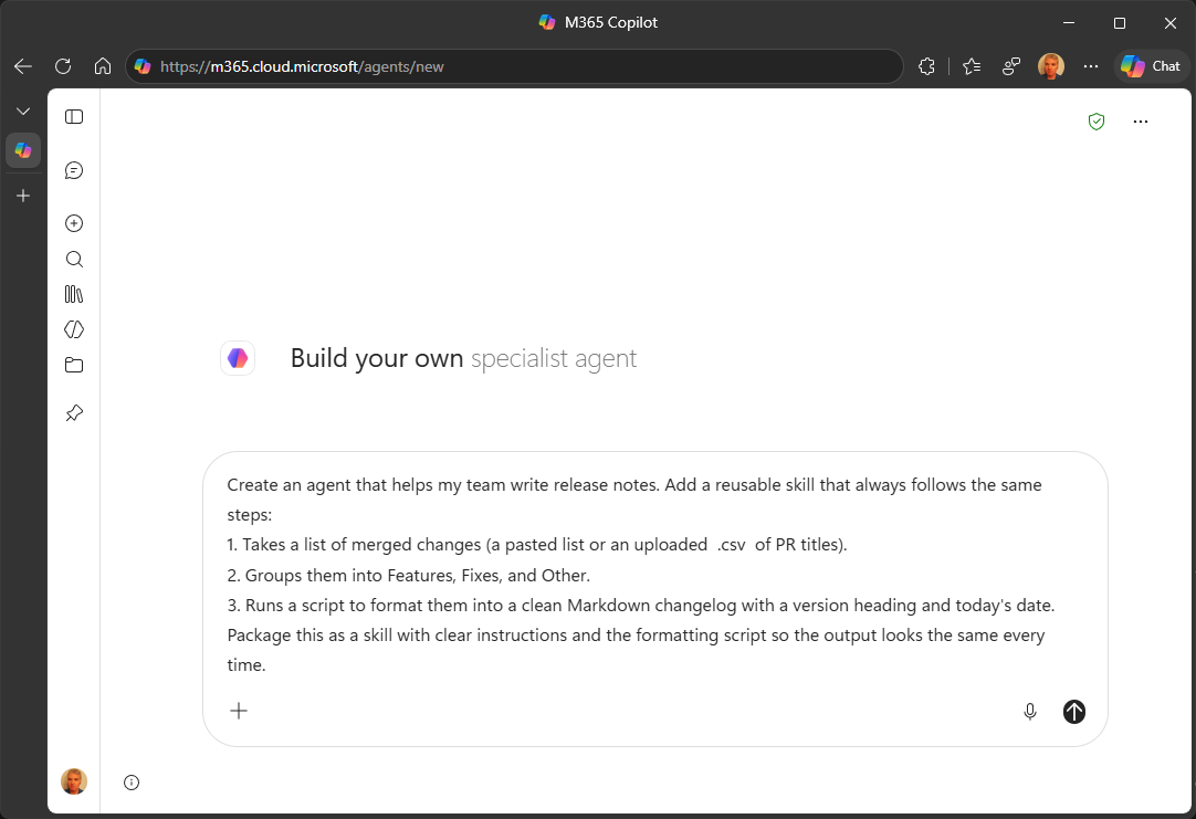 A screenshot of Agent Builder prompt to create an agent
