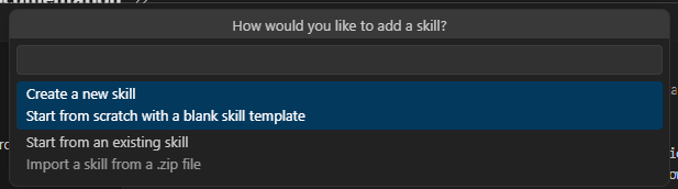 A screenshot of the Agents Toolkit prompt to create a new skill