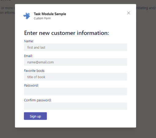 An image of a dialog box for users to input customer information
