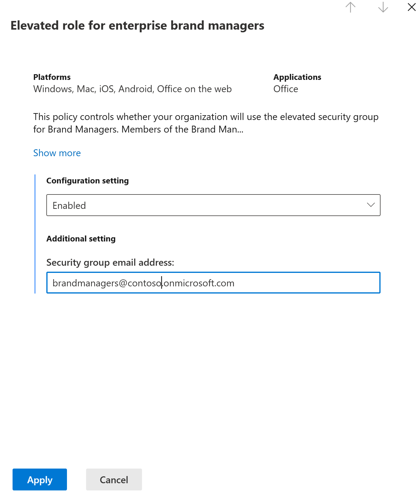 Screenshot showing the Security group email text box filled with an email.