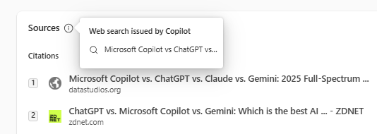 Screenshot of web search query citations in Microsoft 365 Copilot.