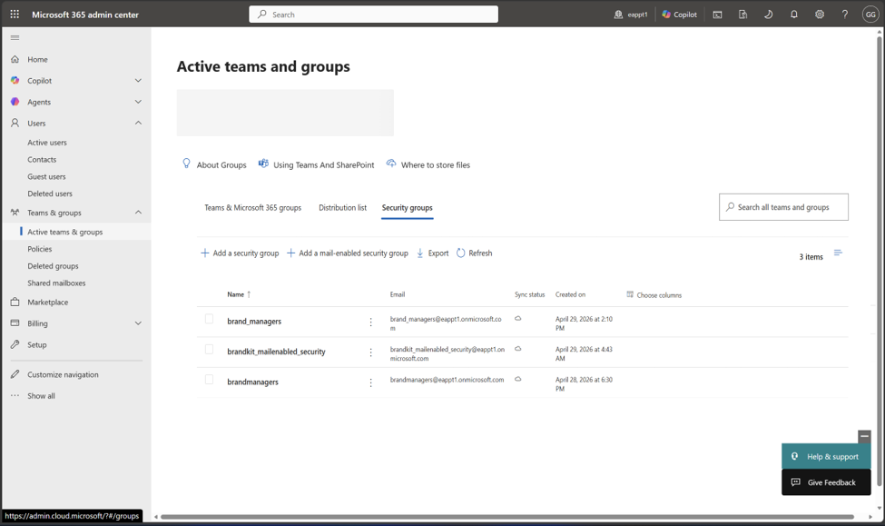 Screenshot showing the Security groups menu on Active teams & groups page.
